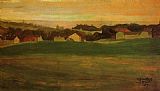 Egon Schiele Canvas Paintings - Meadow with Village in Background